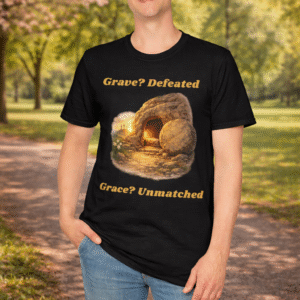 Grave? Defeated Grace? Unmatched Short Sleeve Tee in Black on Man standing in the park