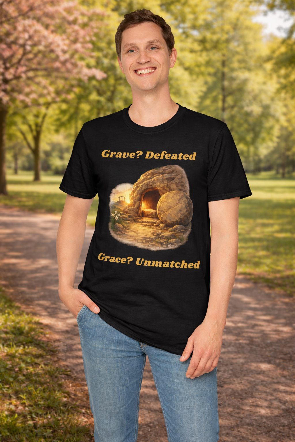 Grave? Defeated Grace? Unmatched Short Sleeve Tee in Black on Man standing in the park